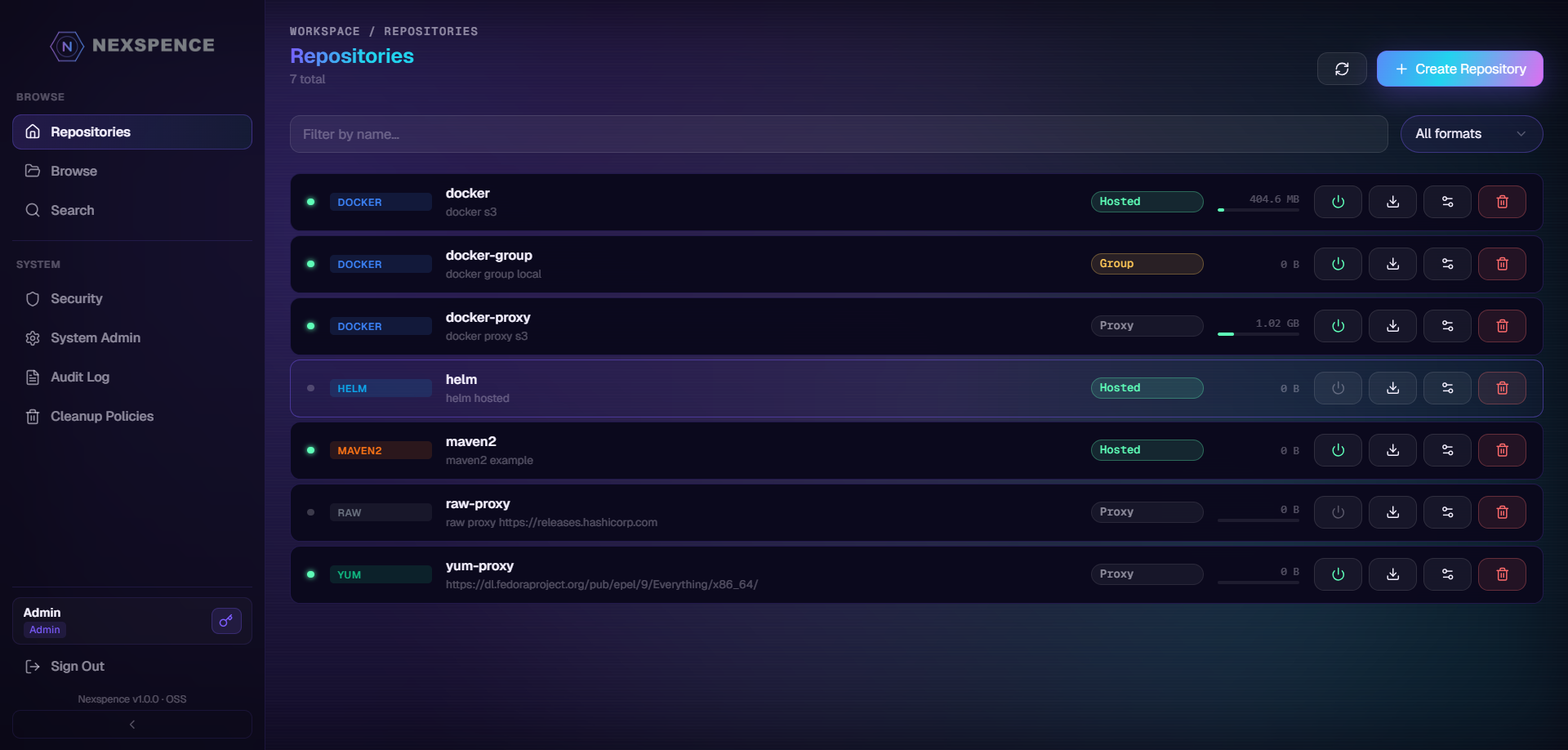Repositories list with format badges and type filters
